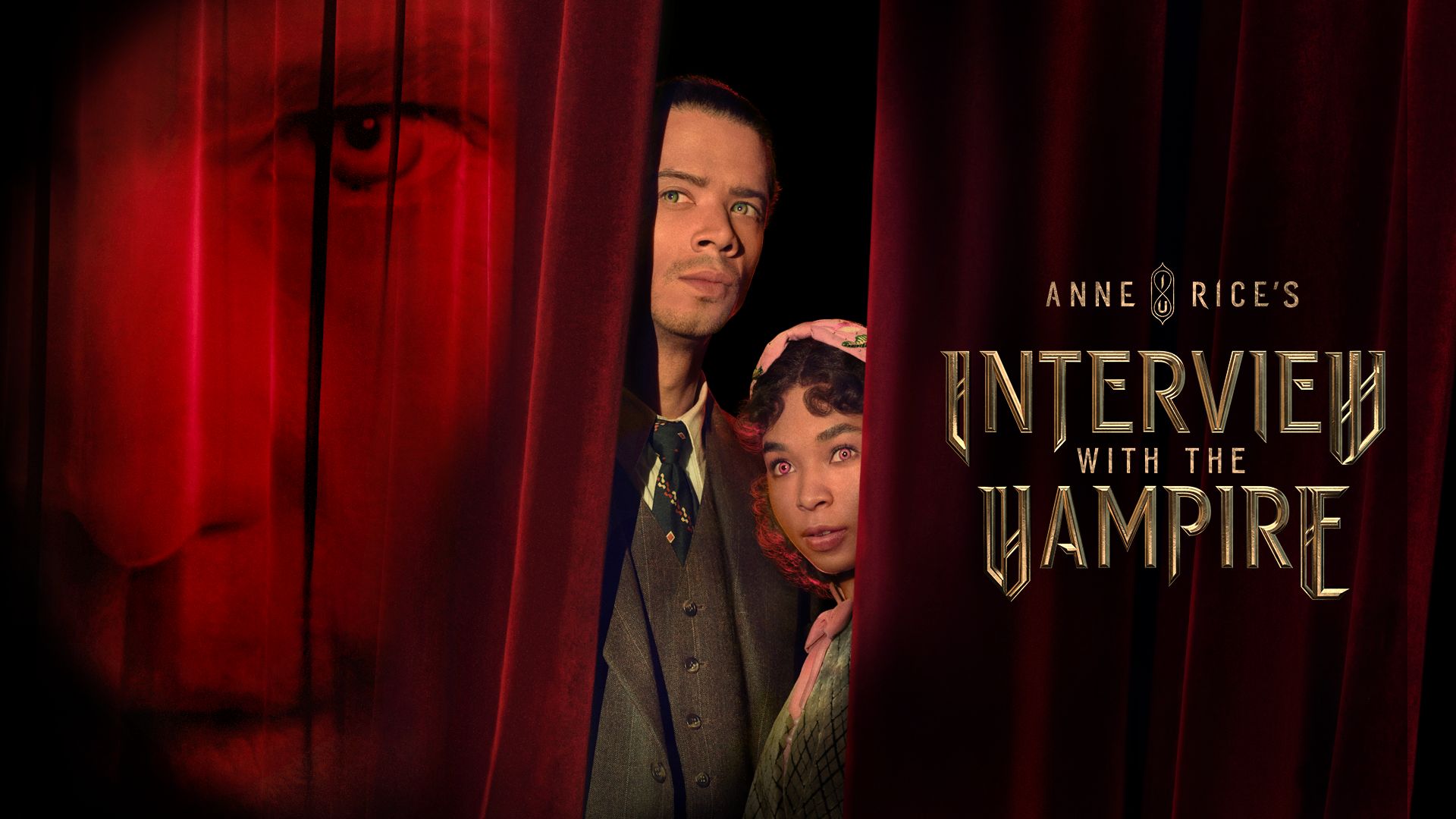 Jacob Anderson as Louis de Pointe du Lac and Delainey Hayles as Claudia from "Anne Rice's Interview with the Vampire", both peeking out from behind a red curtain with curiosity and tension, while an intense gaze looms in the background